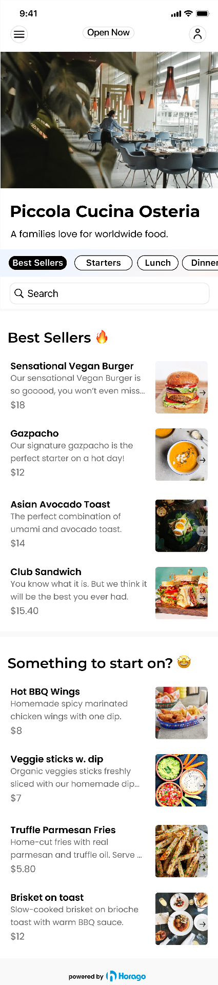 Horago app — ordering screen